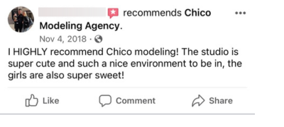 I HIGHLY recommended Chico modeling! The studio is 
Super cute and such a nice environment to be in, the Girls are also super sweet! 