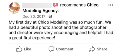 My first day at Chico Modeling was so much fun! We had a beautiful photo shoot and the photographer and director were very encouraging and helpful! I had a great first experience! 