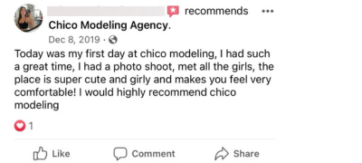 Today was my first day at chico modelling, I had such a great time, I had a photo shoot, met all the girls, the place is super cute and girly and makes you feel very comfortable! I would highly recommend chico modelling 