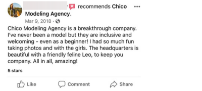 Chico Modeling Agency is a breakthrough company. I’ve never been a model but they are inclusive and welcoming - even as a  beginner! I had so much fun taking photos and with the girls. The headquarters is beautiful with a friendly feline Leo, to keep you company. All in all, amazing! 