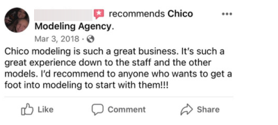 Chico modeling is such a great business. it’s such a Great experience down to the staff and the other models. I’d recommend to anyone who wants to get a Foot into modeling to start with them!!! 