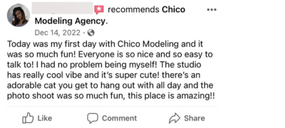 Today was my first day with Chico Modeling and it was so much fun! Everyone is so nice and so easy to talk to! I had no problem being myself! The studio has really cool vibe and It’s super cute! There’s an adorable Cat you get  to hang out with all day and the photo Shoot was so much fun, this place is amazing!! 