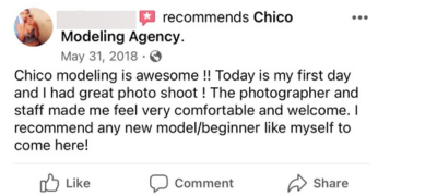 Chico modeling is awesome !! Today is my first day And I had great photo shoot! The photographer and Staff made me feel very comfortable and welcome. I Recommend any new model/beginner like myself to Come here! 