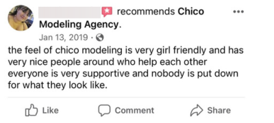 The feel of chico modeling is very girl friendly and has Very nice people around who help each other Everyone is very supportive and nobody is put down for what they look like. 